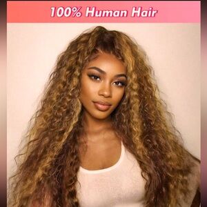 Deep Curly Wave 13*6 Blonde Human Hair Wig, 26 to 28 inches long.